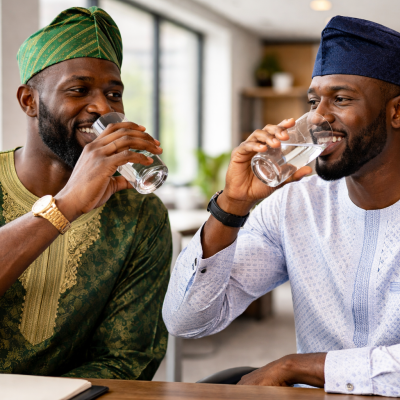 Men sharing a moment over water