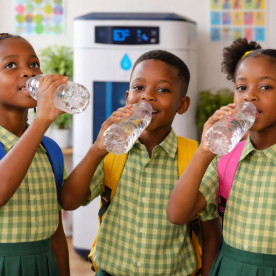 Schoolchildren enjoying water in a bright classroom