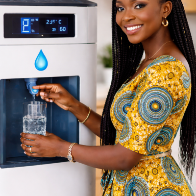 Smiling woman filling glass with water